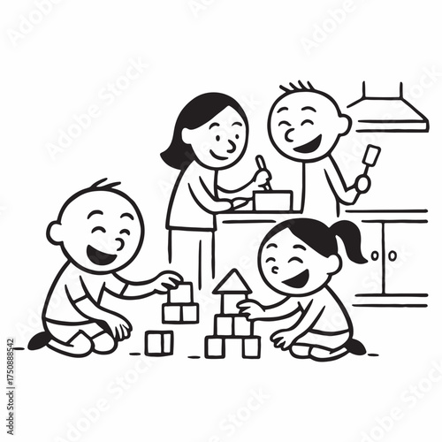Cute black and white stick figure family chaos with parents cooking and kids playing