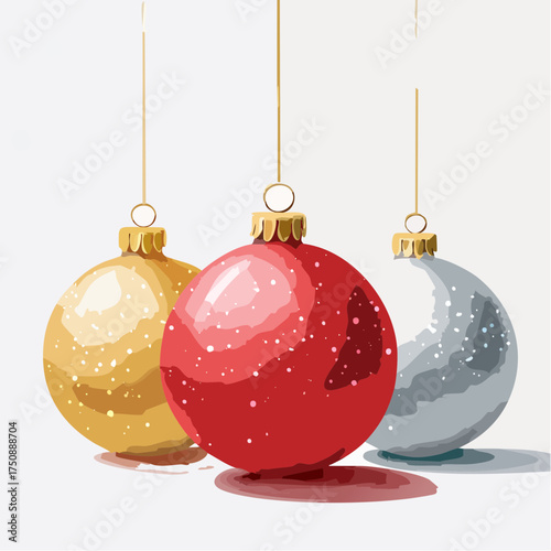 Rote, goldene und silberne Christbaumkugeln in sanften Aquarellverläufen auf hellem Hintergrund