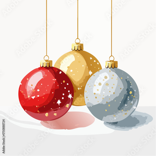 Rote, goldene und silberne Christbaumkugeln in sanften Aquarellverläufen auf hellem Hintergrund