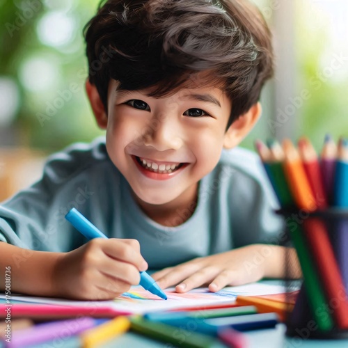 Happy child drawing with colored pencils