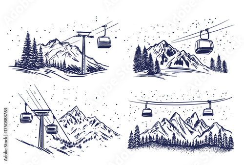Ski lift in mountain, on white, sketch, hand drawn illustrations	
