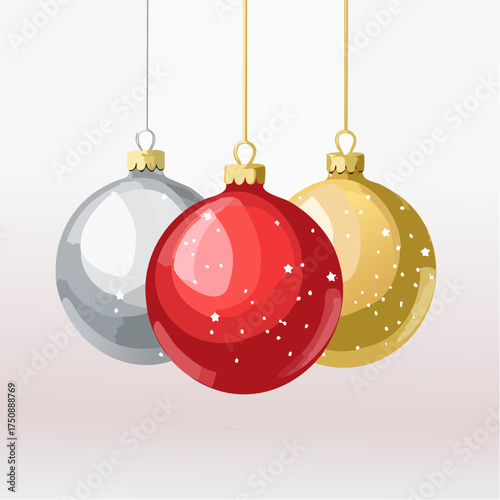 Rote, goldene und silberne Christbaumkugeln in sanften Aquarellverläufen auf hellem Hintergrund