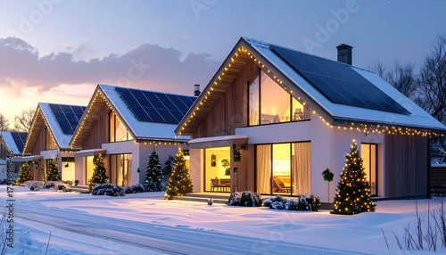 Festive winter scene with houses decorated for Christmas, illuminated by solar panels and twinkling lights