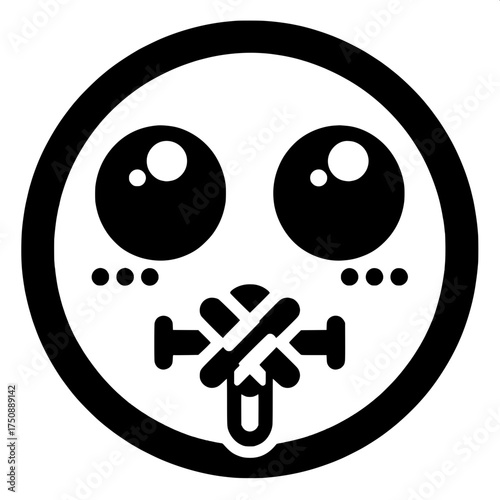 Black and White Vector Silhouette of Silent Emoji with Zipped Mouth