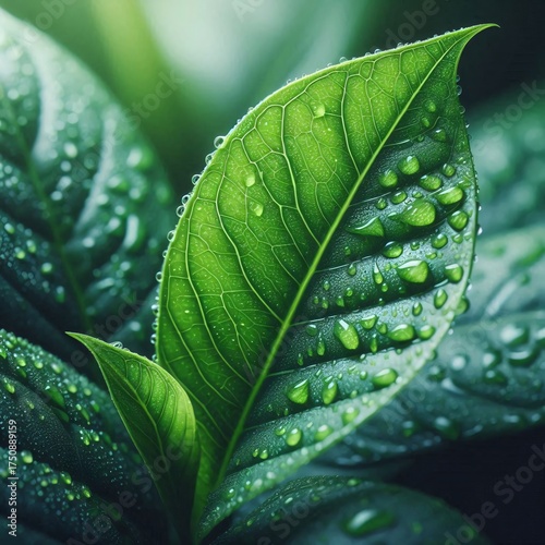 Dewy green leaf close up
