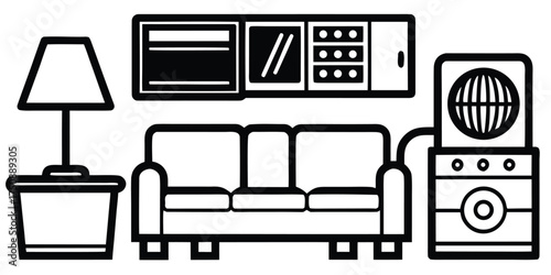 Vector icon pack set of household furniture and appliances minimalist black and white eps illustration vector