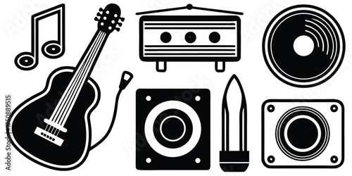 Diverse music and audio icons set featuring guitar speakers notes and amplifier vector illustration scalable eps elements vector