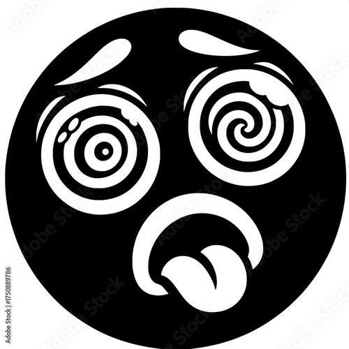 Black and White Vector Silhouette of Dizzy Emoji with Spiral Eyes
