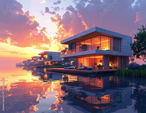 Firefly Floating City Trend Futuristic Modular Buildings Glowing at Nightfall on the Sea, Reflection