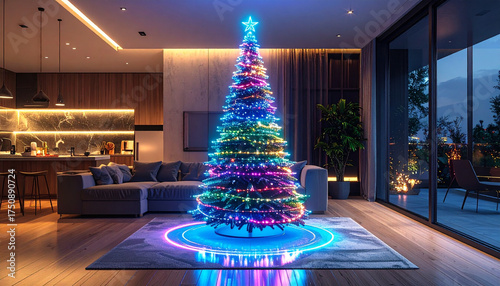 Festive illuminated Christmas tree adorned with colorful lights and glowing base in a modern, stylish living room at night