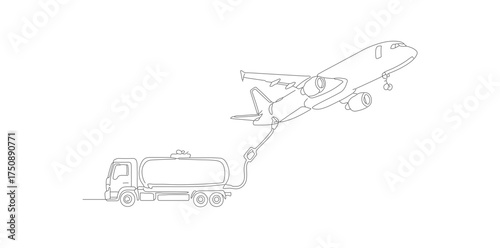 Simple Line Drawing Airplane Refueling From A Fuel Truck Illustration