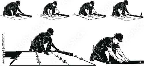 Construction Worker Installing Modular Flooring Vector – Step-by-Step Silhouette Guide for Beam Alignment, Panel Assembly, and Grid-Based Surface Setup