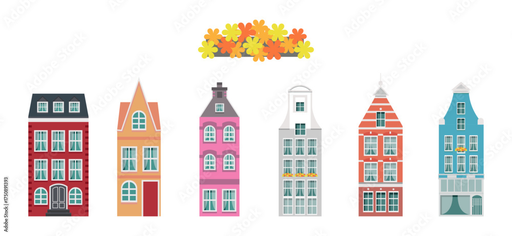 Fototapeta premium Set of old Scandinavian and London houses isolated on a white or transparent background. Vector illustration. Close-up element for architectural design. Multi-story buildings for an old town.