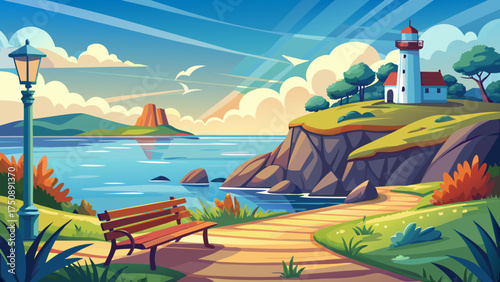Very beautiful seaside view with a bench, bicycles, and distant lighthouse under calm sky, radiating travel charm, freedom, and quiet coastal serenity.
