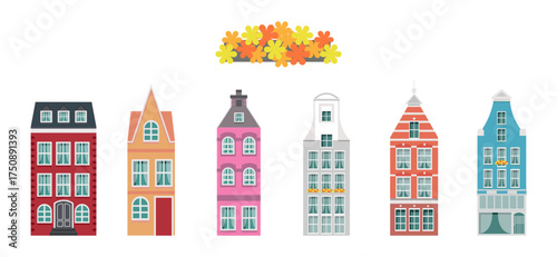 Set of old Scandinavian and London houses isolated on a white or transparent background. Vector illustration. Close-up element for architectural design. Multi-story buildings for an old town.