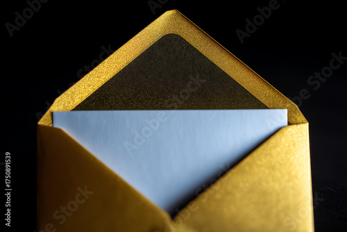 A close-up of a luxurious golden envelope with a white card partially visible inside, set against a black background, highlighting elegance and sophistication