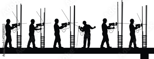 Construction workers installing vertical rebar with power tools – vector silhouettes of reinforced concrete labor on structural building site platform