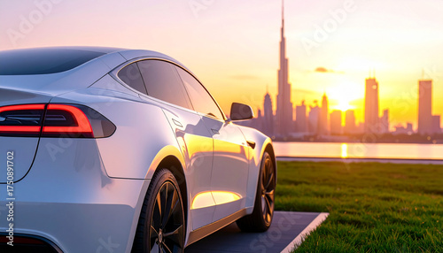 Luxury Electric Vehicle in Dubai with City Skyline at Sunset