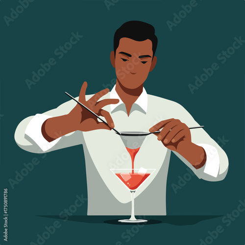 Bartender straining a cocktail into a martini glass