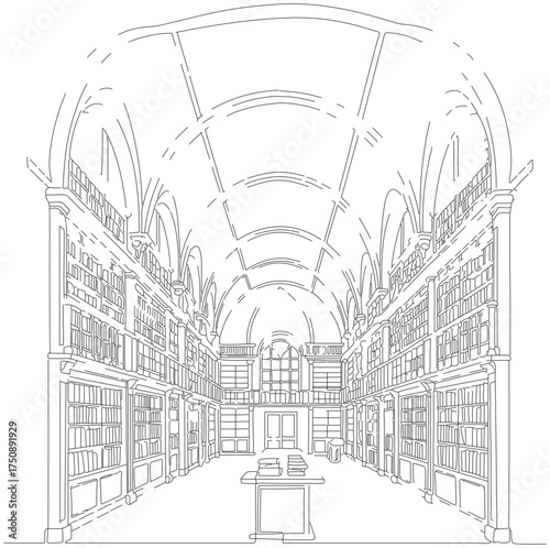 Detailed Line Art Interior Cathedral Perspective Architectural Landmark Illustration