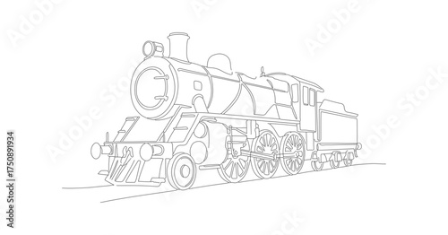 Minimalist Line Art Detailed Train Illustration Steam Locomotive Transportation