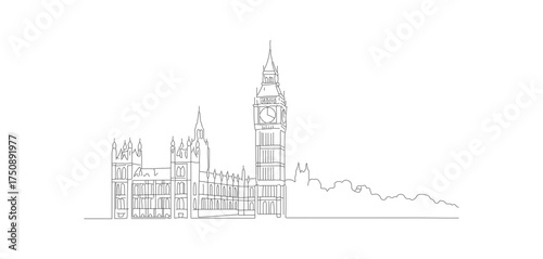 Minimalist Line Drawing of Houses of Parliament with Big Ben Landmark