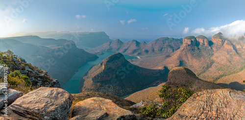 A view from the rim of Blyde River Canyon towards the dam and the three Rondavels, Mpumalanga, South Africa in Springtime