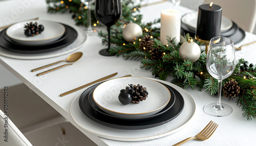 Elegant Christmas Table Setting with Black and Gold Accents for Festive Dining