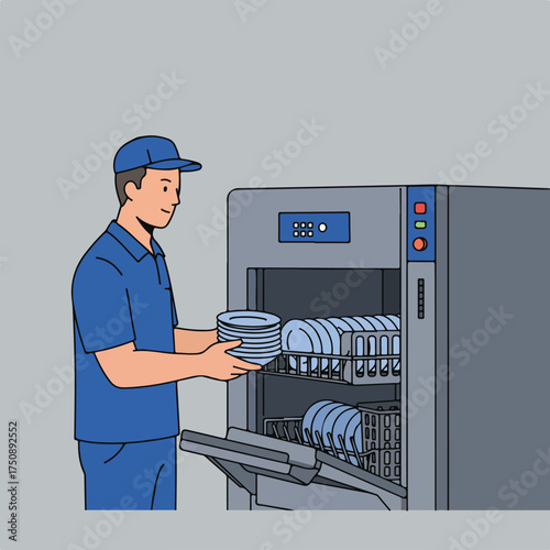 Cartoon man loads plates into a large commercial dishwasher, gray background