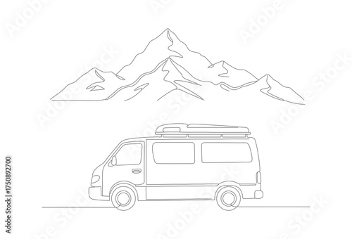 Minimalist Line Art Campervan and Mountain Landscape Scenic Travel Illustration
