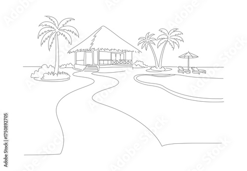 Minimalist Handdrawn Beach Hut Outline with Palm Trees Landscape Illustration