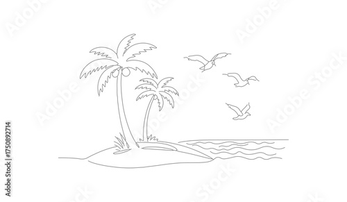 Minimalist Line Art Palm Tree Island Scene Landscape Illustration
