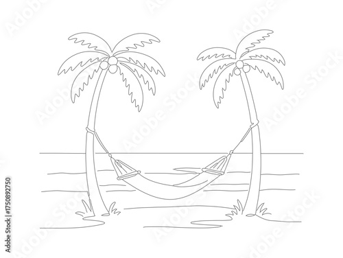 Simple Outline Drawing Palm Tree Hammock Summer Vacation Holiday Illustration