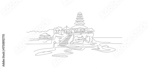 Minimalist Line Art Landscape of a Coastal Settlement with Lighthouse