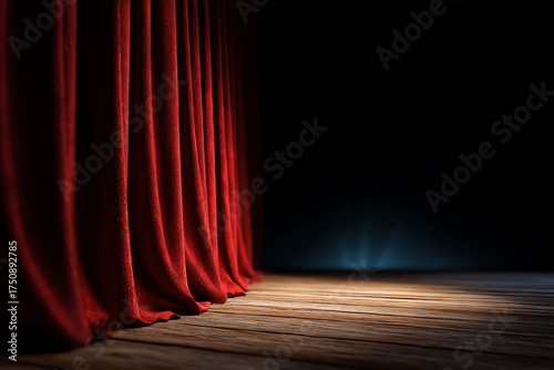 Red velvet stage curtains partially drawn back to reveal a dimly lit wooden floor and dark empty space, evoking anticipation before a performance begins