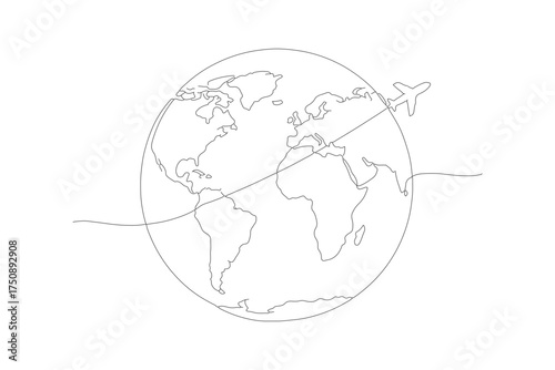 Dotted Line World Globe Travel Route Illustration with Airplane Flying