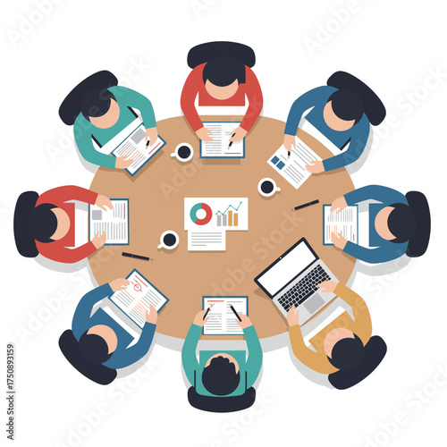 Overhead view of a business meeting with people seated around a circular table, using various devices.
