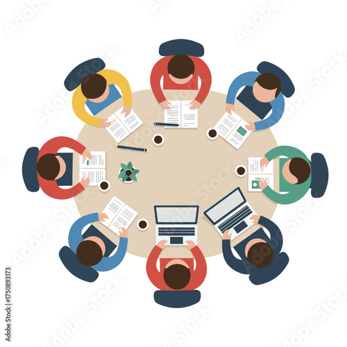 Overhead view of a business meeting with diverse participants, working together.