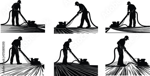Floor cleaning machine operator silhouettes in action – vector illustration showing polishing, scrubbing, and maintenance techniques for commercial cleaning services