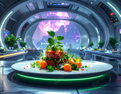 Futuristic fine dining experience with gourmet meal artfully presented on a glowing plate in a sci-fi restaurant