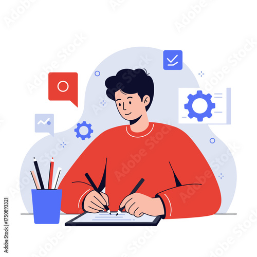 Illustration of a man drawing or writing on a tablet with a stylus, surrounded by design elements and tools.
