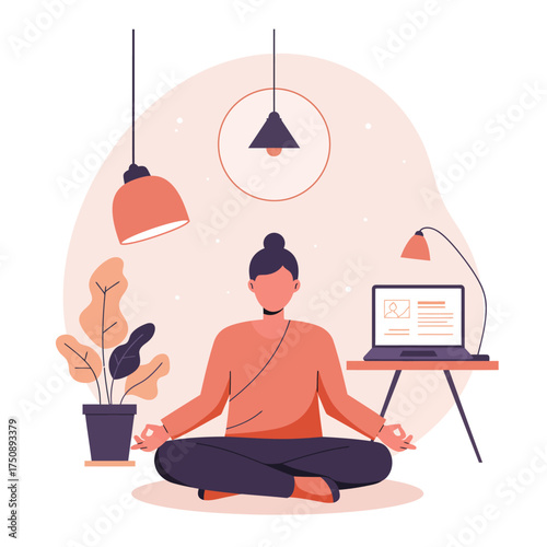 Woman meditating in lotus position at home with laptop, plants, and lamps in a peaceful setting.