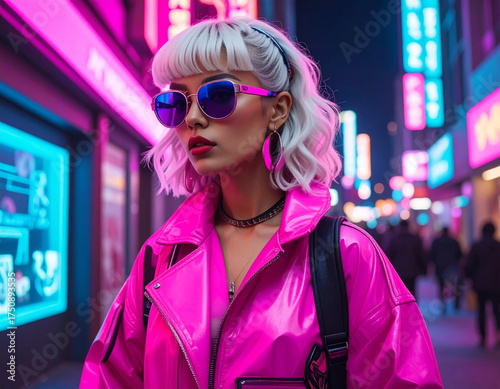 Radiant blonde woman in vibrant neon pink jacket and stylish sunglasses navigating a bustling futuristic cyberpunk city street at night, immersed in the luminous glow of urban nightlife
