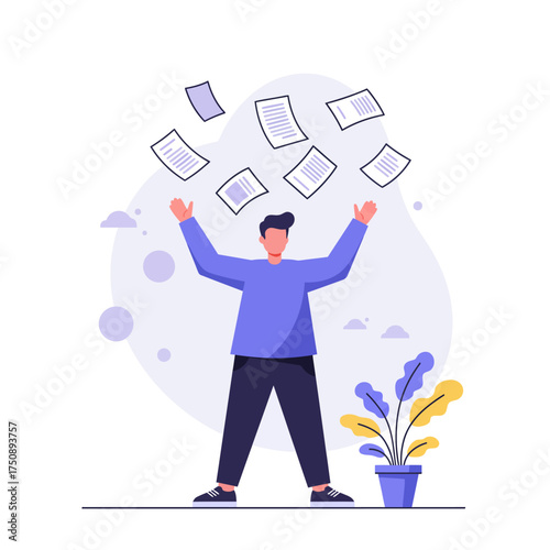 A person joyfully tossing documents into the air, celebrating success and freedom.