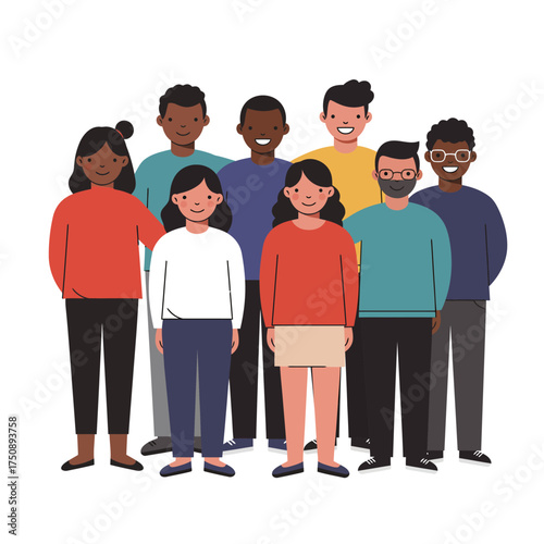 A diverse group of people standing together, smiling, and looking forward, representing unity.