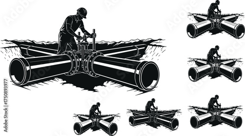 Pipeline maintenance worker silhouette operating valve on industrial four-way pipe system in construction, utility, and infrastructure vector illustration style