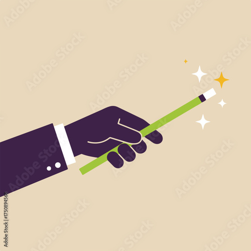 A suited hand waving a green magic wand with sparkles on a neutral background