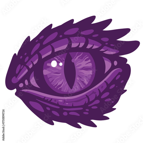 Purple dragon eye with scales and vertical pupil on a white background
