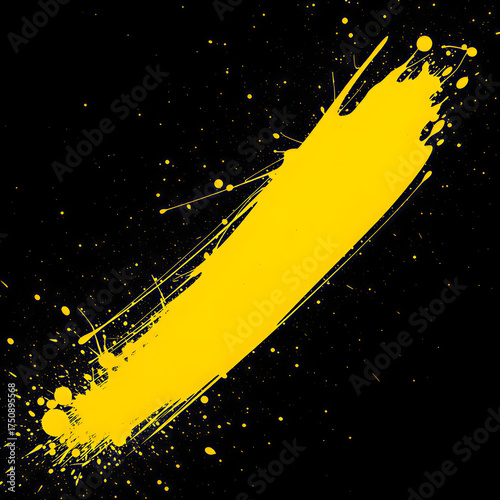 Vibrant Yellow Paint Stroke and Splatters on Black Background