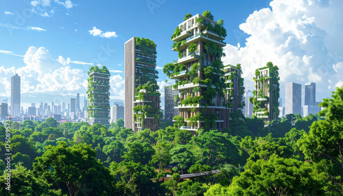 Futuristic cityscape with eco-friendly skyscrapers integrated with lush greenery and abundant trees, showcasing sustainable urban development